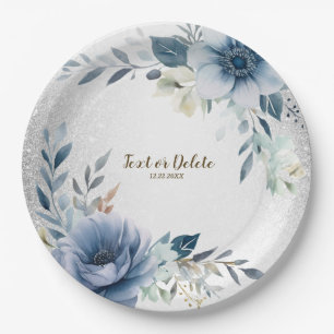 Party Dusty Blue Watercolor Flowers Silver Elegant Paper Plates
