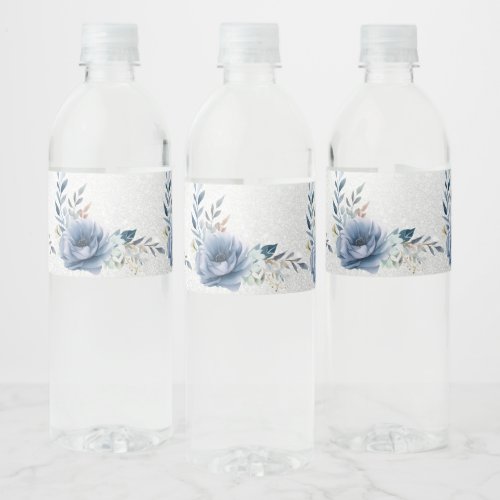 Party Dusty Blue Watercolor Flowers Silver Elegant Water Bottle Label