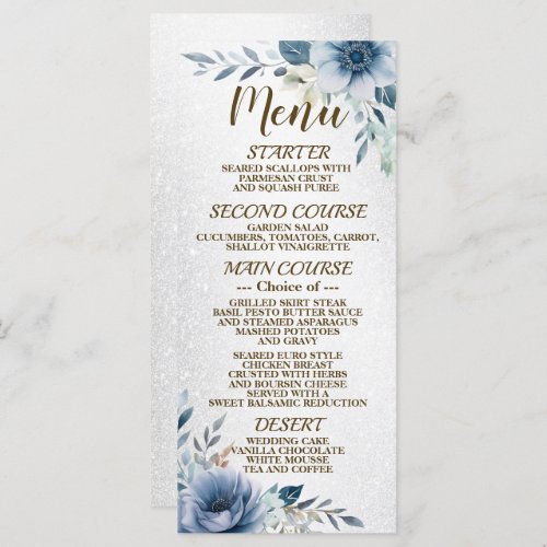 Party Dusty Blue Watercolor Flowers Silver Shiny Menu