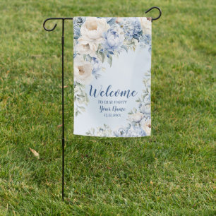 Party Dusty Blue Watercolor Ivory Flowers Leaves Garden Flag