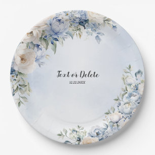 Party Dusty Blue Watercolor Ivory Flowers Leaves Paper Plates