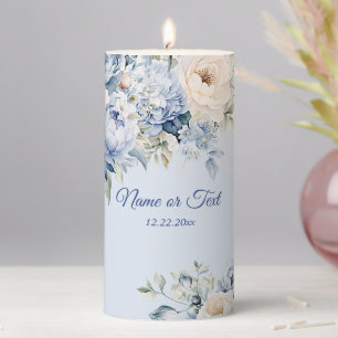 Party Dusty Blue Watercolor Ivory Flowers Leaves Pillar Candle
