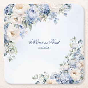 Party Dusty Blue Watercolor Ivory Flowers Leaves Square Paper Coaster