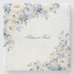 Party Dusty Blue Watercolor Ivory Flowers Leaves Stone Coaster