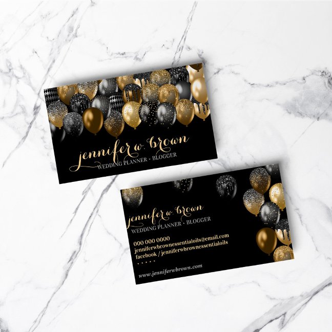 Party Event Organisation Gold Black Balloon Business Card