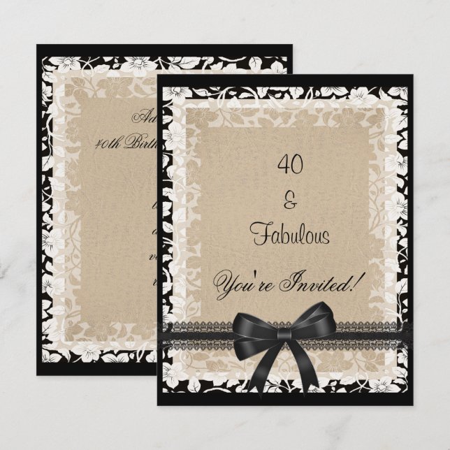 Party Fabulous 40th Black White Beige Floral Invitation (Front/Back)