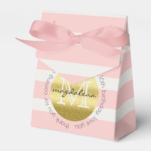 Party Favor Monogram Gold Glitter Pink Stripes Boxes (Front Side)