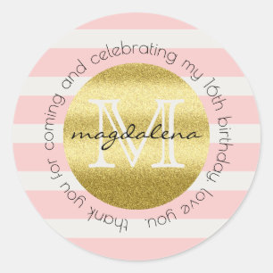 Party Favor Monogram Gold Glitter Pink Stripes Classic Round Sticker