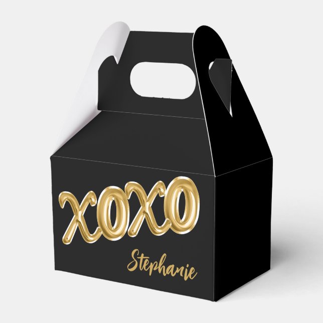 Party Favor XOXO Black Gold Foil Balloon Custom Boxes (Front Side)