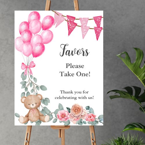 Party Favors Sweet Baby Girl Bear Balloon Greenery Poster