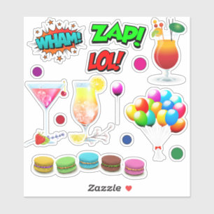 Party food balloons super hero sayings sticker