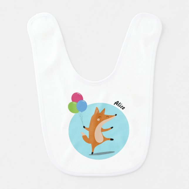 Party Fox With Balloons Custom Name Baby Bib (Front)