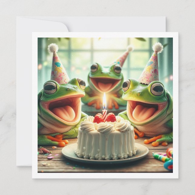 Party frogs eating cake birthday invitation (Front)