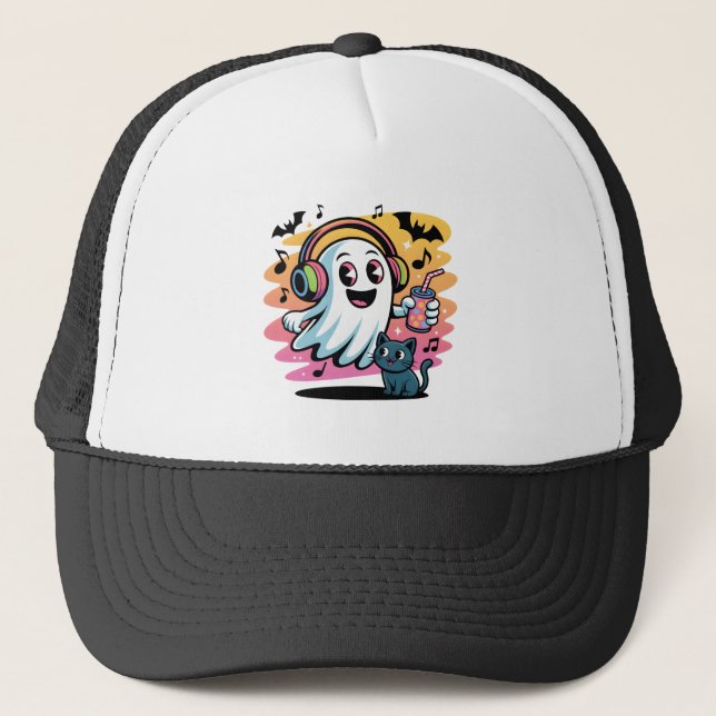 Party Ghost with Cat Cute Halloween Cartoon Trucker Hat (Front)