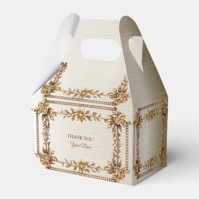 Party Gold Ornate Rectangle Dimond Flowers Shiny Favor Boxes (Front Side)