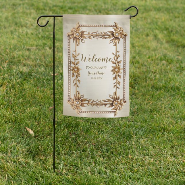 Party Gold Ornate Rectangle Dimond Flowers Shiny Garden Flag (In SItu)