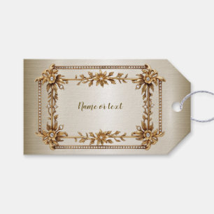 Party Gold Ornate Rectangle Dimond Flowers Shiny Gift Tags