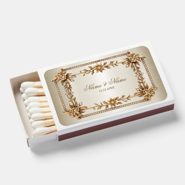 Party Gold Ornate Rectangle Dimond Flowers Shiny Matchboxes (Front Open)