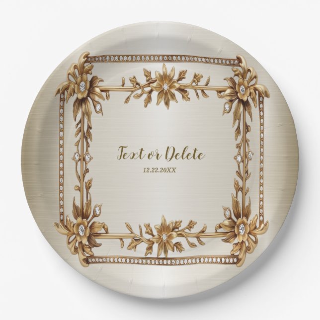 Party Gold Ornate Rectangle Dimond Flowers Shiny Paper Plates (Front)