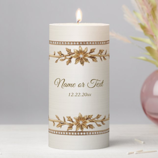 Party Gold Ornate Rectangle Dimond Flowers Shiny Pillar Candle (In Situ)