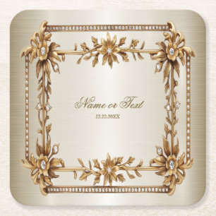 Party Gold Ornate Rectangle Dimond Flowers Shiny Square Paper Coaster