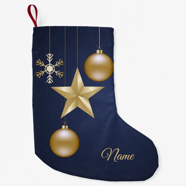 Party Golden Ornaments Navy Blue Elegant Small Christmas Stocking (Front)