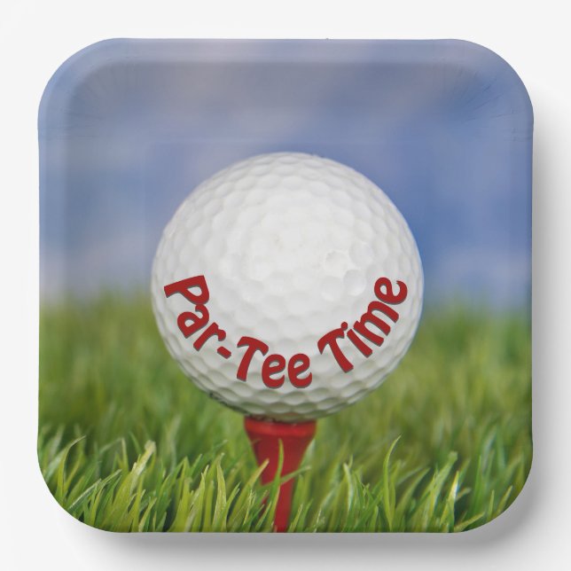 Party Golf Ball on Red Tee  Paper Plates (Front)
