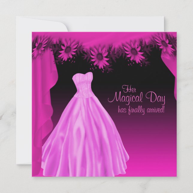 Party Gown Fuchsia Hot Pink Quinceanera Invitation (Front)