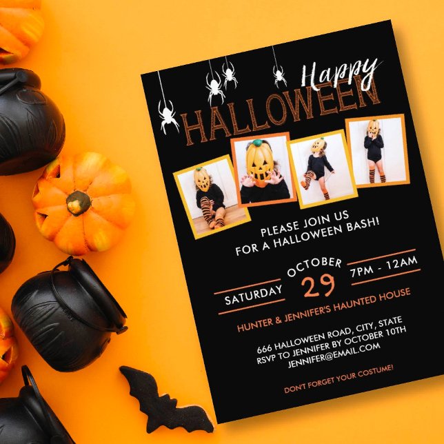 Party Halloween 4 Photo Spiders | Party Invite (Invite your friends to a Halloween bash, or Halloween baby shower or birthday party with this design)