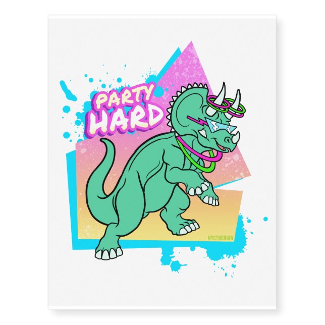 Party Hard dinosaur II -Triceratops with glowstick Temporary Tattoos (Front)