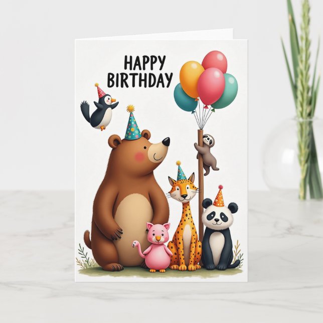 Party Hat Animals Birthday Card (Front)