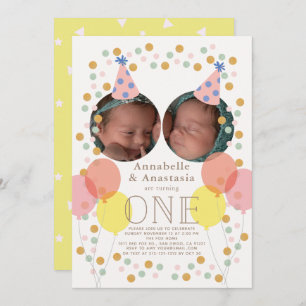 Party Hat & Balloon Photo Twin Girls 1st Birthday Invitation