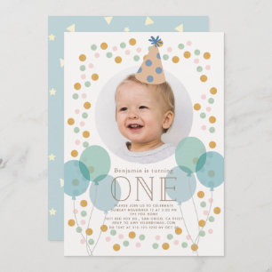 Party Hat & Balloons Blue Photo 1st Birthday Invitation