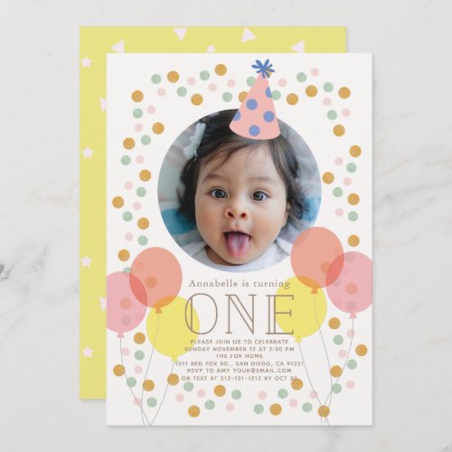 Party Hat  Balloons Pink Photo 1st Birthday Invitation