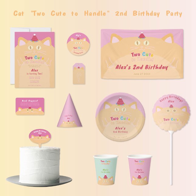 Party Hat Cat Birthday Cake Topper (Adorable cat-themed birthday party supplies, including banner, plates, cups, and hats.)