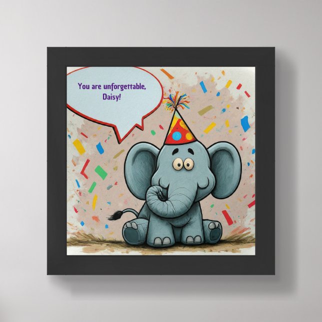 Party Hat Elephant with Thought Bubble Framed Art (Framed Front)