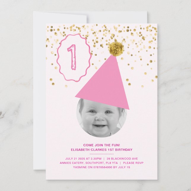 Party Hat - Girls 1st Birthday Invitation (Front)