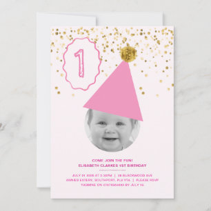 Party Hat - Girls 1st Birthday Invitation