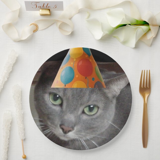 Party Hat Gray Cat Paper Plates (Wedding)