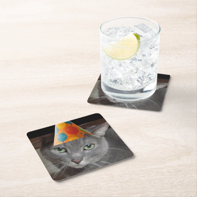 Party Hat Gray Cat Square Paper Coaster (Insitu)