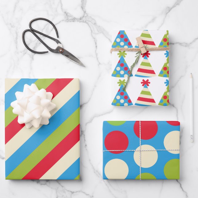Party Hat Polka Dots Striped Gift Wrap Sheets (Front)