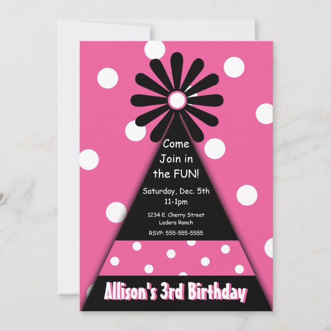 Party Hat with Pink Polka Dots Invitation (Front)