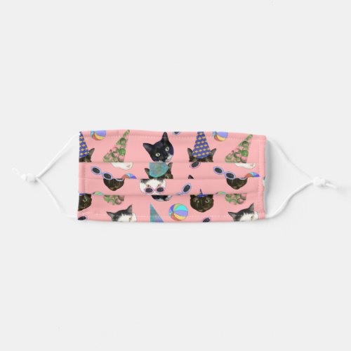 Party hats and cute cats on pink background adult cloth face mask