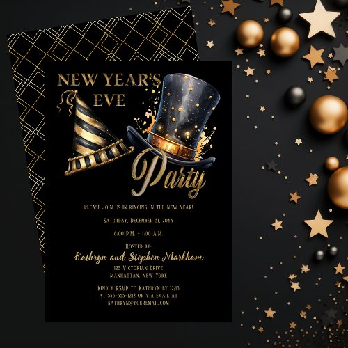 Party Hats Black and Gold New Years Eve Party Invitation