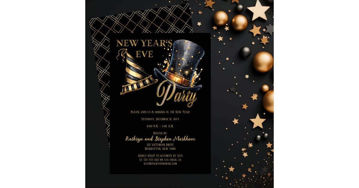 Party Hats Black and Gold New Year's Eve Party Invitation | Zazzle