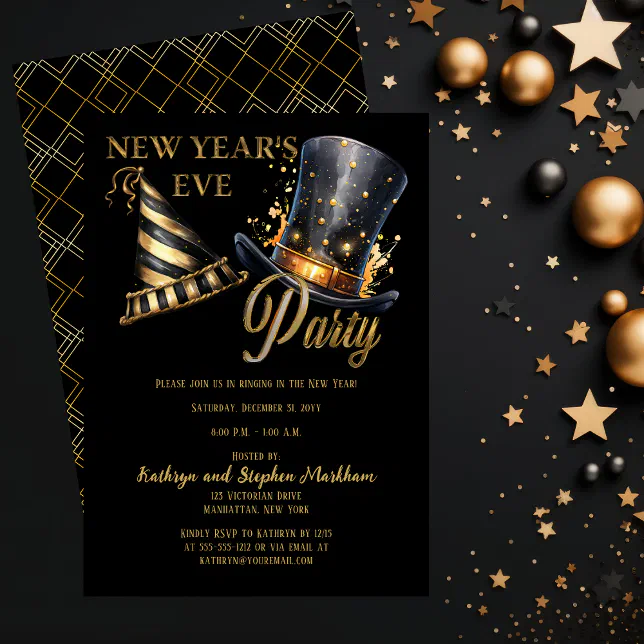 Party Hats Black and Gold New Year's Eve Party Invitation | Zazzle