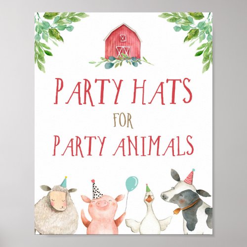 Party Hats Farm Animals Barnyard Boy Birthday Poster