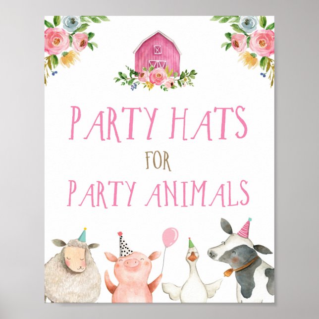 Party Hats Farm Animals Barnyard Girl Birthday Poster (Front)