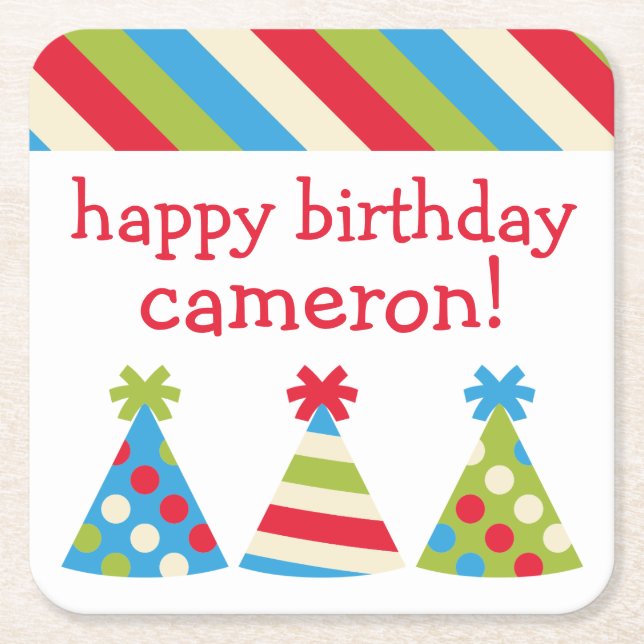 Party Hats Personalized Paper Coasters (Front)