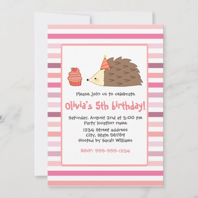 Party Hedgehog and Cupcake Invitation (Front)